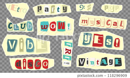 Set of cut newspapers magazines and paper vintage colorful words. Music theme - karaoke, sing, party, rock, jazz, disco, song, singer. Trendy elements for collage and clip art. Vector illustrations Set of cut newspapers magazines and paper vintage colorful words. Music theme - karaoke, sing, party, rock, jazz, disco, song, singer. Trendy elements for collage and clip art. Vector illustrations 118296909