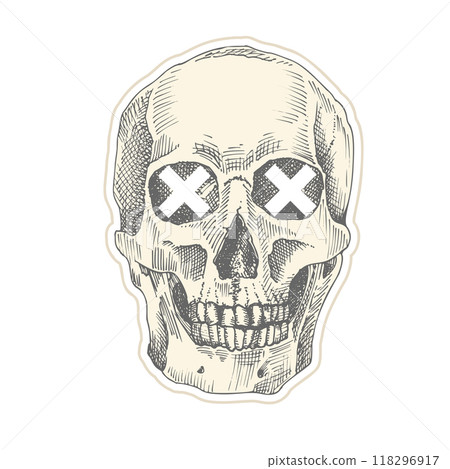 Vintage sticker human skull with white crosses. Art collage Zine Culture style. Hipster barber shop concept. Tattoo, t-shirt design Realistic hand drawn sketch. Skeleton head Vector illustration. Vintage sticker human skull with white crosses. Art collage Zine Culture style. Hipster barber shop concept. Tattoo, t-shirt design Realistic hand drawn sketch. Skeleton head Vector illustration. 118296917