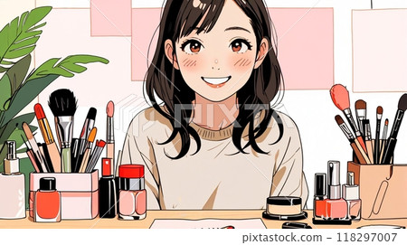 坐在化妝台前微笑的女孩 118297007
