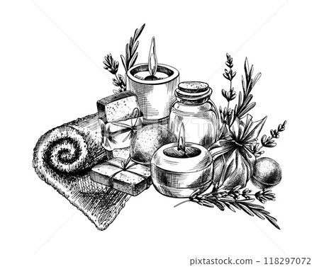Handmade lavender cosmetics, jars, salts, soap, bombs, candles, flowers and leaves on a towel. Hand drawn illustration with graphic line art in black and white ink. Sublimation arrangement. 118297072