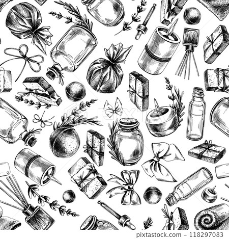 Handmade lavender cosmetics, jars, candles, aroma, soap, salts, decorations, bows, flowers, storage baskets. Hand drawn illustration with graphic line art in black and white ink. Seamless pattern. Handmade lavender cosmetics, jars, candles, aroma, soap, salts, decorations, bows, flowers, storage baskets. Hand drawn illustration with graphic line art in black and white ink. Seamless pattern. 118297083