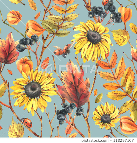 Autumn berries physalis, chokeberry, rowan leaves, maple, birch, rudbeckia flowers tree branches and ladybugs. Watercolor illustrations. Seamless pattern on a blue background 118297107