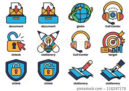 Set of illustrations in the concept of office items and business related things in a line style. 118297178