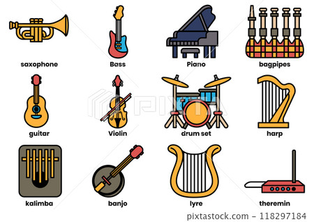 Set of illustrations in the concept of musical instruments in line drawing style 118297184