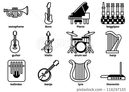 Set of illustrations in the concept of musical instruments in line drawing style 118297185