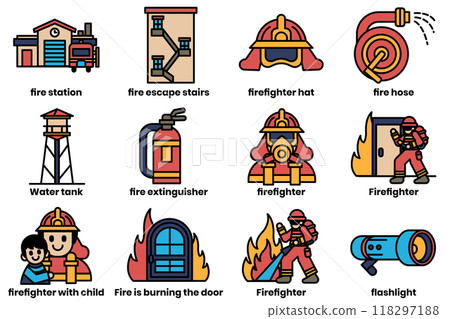 Set of illustrations in the concept of firefighters in line drawing style 118297188