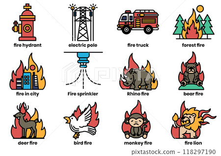Set of illustrations in the concept of forest fire and fire in line art style. 118297190