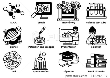 set of illustrations in the concept of school subjects in a line style. set of illustrations in the concept of school subjects in a line style. 118297197