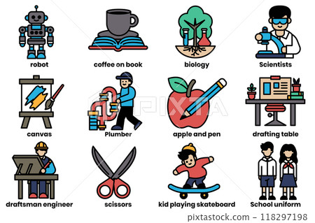 set of illustrations in the concept of school subjects in a line style. set of illustrations in the concept of school subjects in a line style. 118297198