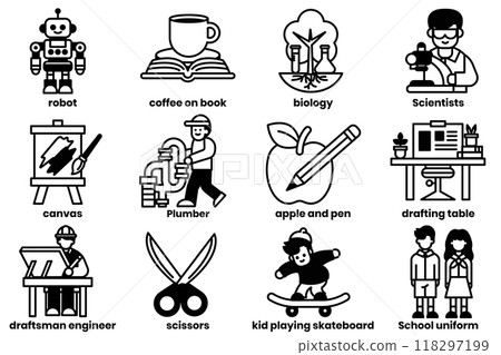 set of illustrations in the concept of school subjects in a line style. set of illustrations in the concept of school subjects in a line style. 118297199
