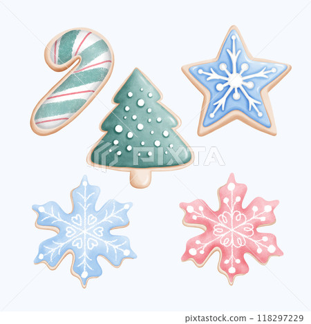 Hand-Drawn Watercolor Christmas Gingerbread Cookies with Festive Designs Hand-Drawn Watercolor Christmas Gingerbread Cookies with Festive Designs 118297229