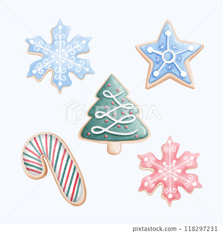 Hand-Drawn Watercolor Christmas Gingerbread Cookies with Festive Designs Hand-Drawn Watercolor Christmas Gingerbread Cookies with Festive Designs 118297231