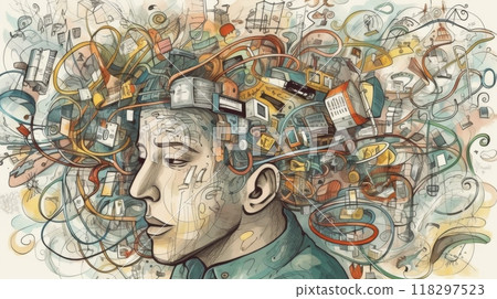 Young man experiencing information overload with objects exploding from head Young man experiencing information overload with objects exploding from head 118297523