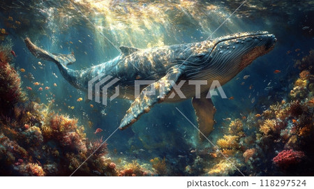 Majestic humpback whale swimming through sunlit coral reef 118297524