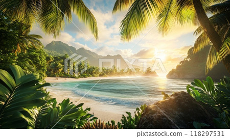 Golden sunset illuminating tropical beach through palm trees 118297531