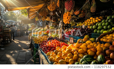 Open air market stall displaying fresh fruits and vegetables for sale 118297532