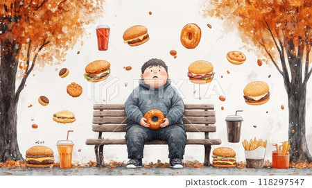 Overweight man sitting on bench with junk food raining down in the background 118297547