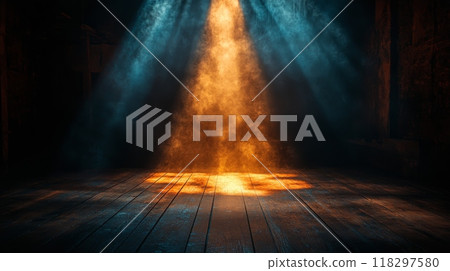 Light beam illuminating wooden floor in dark room Light beam illuminating wooden floor in dark room 118297580