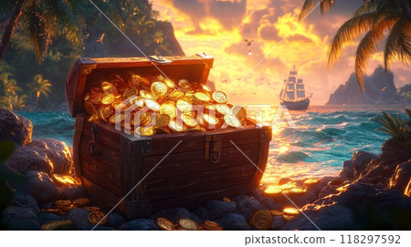 Treasure chest overflowing with gold coins on a tropical island beach at sunset 118297592