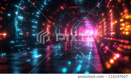 Digital tunnel glowing with neon lights showing big data concept 118297607