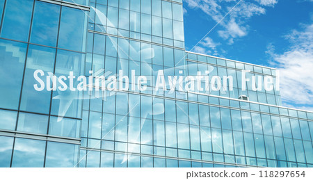 Green airline company embracing sustainable aviation fuel. Modern headquarters building. Eco-friendly airline. Reduced carbon emissions through innovative fuel solutions. Responsible air travel. Green airline company embracing sustainable aviation fuel. Modern headquarters building. Eco-friendly airline. Reduced carbon emissions through innovative fuel solutions. Responsible air travel. 118297654