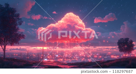Glowing pink cloud hovering over futuristic city at sunset 118297687