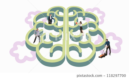 People navigating maze in shape of brain, symbolizing problem-solving, mental challenges, and complex nature of human thoughts and psychology. Contemporary art collage. People navigating maze in shape of brain, symbolizing problem-solving, mental challenges, and complex nature of human thoughts and psychology. Contemporary art collage. 118297700