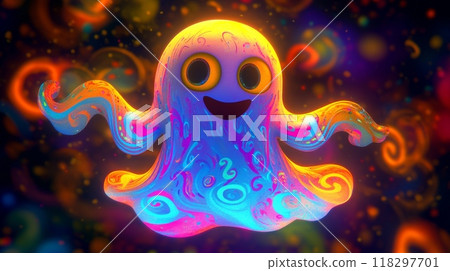 Psychedelic ghost floating and smiling with swirls of color Psychedelic ghost floating and smiling with swirls of color 118297701