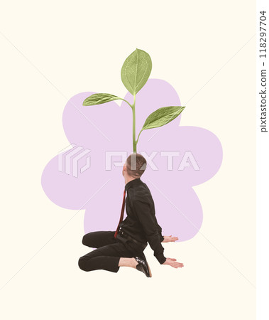 Young man sitting with flower growing from head, symbolizing personal growth, mindfulness, and calm environment. Contemporary art collage. 118297704