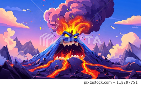 Cartoon volcano erupting with lava and smoke 118297751