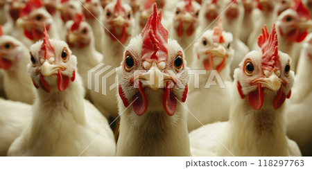 Group of broiler chickens looking at camera in chicken farm 118297763