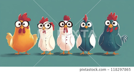 Five chickens wearing clothes and glasses standing in a row 118297865