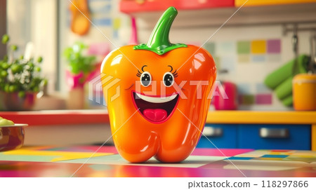 Smiling orange bell pepper having fun in colorful kitchen 118297866