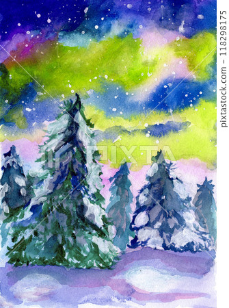 Serene winter forest under vibrant aurora borealis, watercolor illustration 118298175