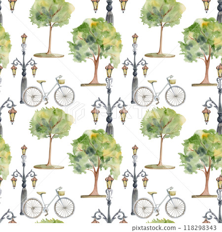 Old European city town street with lamp posts, ornamental lanterns, lined trees green hedge. Watercolor hand drawn seamless pattern. Tourist shops, souvenirs, travel brochures, architectural bureau 118298343