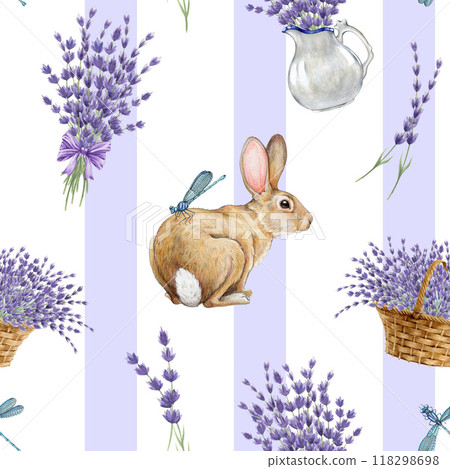Springtime romantic seamless pattern with bunny and lavender flowers. Watercolor vintage style illustration. Hand drawn cute bunny with lavender elements in tender colors 118298698