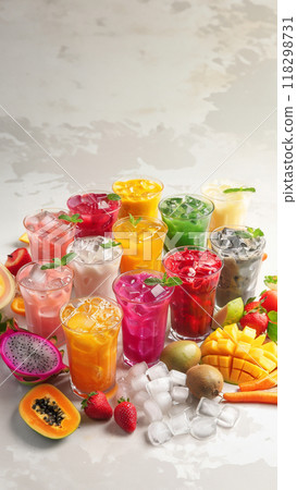 Three fruit cocktails in a summer restaurant lounge 118298731