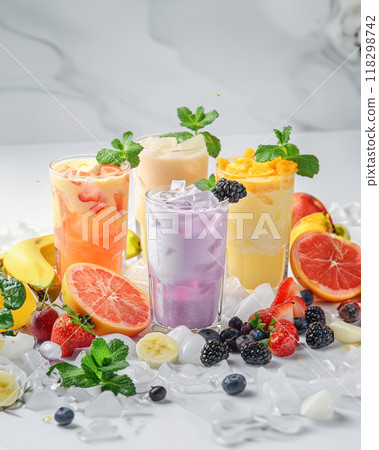 Three fruit cocktails in a summer restaurant lounge 118298742