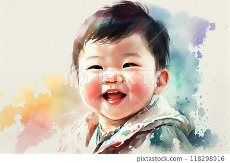 Portrait of an Asian child, capturing the beauty and grace of his features with delicate brushstrokes and vivid colors, generative ai 118298916