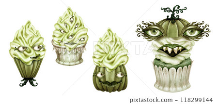 Three crazy green Halloween cupcakes with eyes, lips on top of whipped cream, decorated with pumpkin hat. Set of monochrome watercolor templates for invitations, menus, posters, cards, cards, stickers 118299144