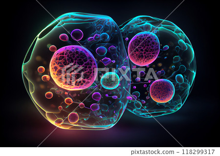 Human cells under microscope, illustration Human cells under microscope, illustration 118299317