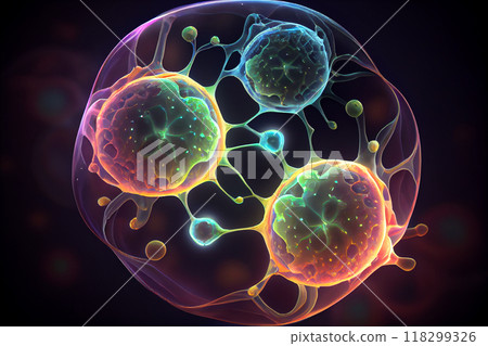 Human cells under microscope, illustration 118299326