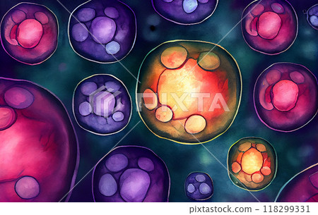 Human cells under microscope, illustration 118299331