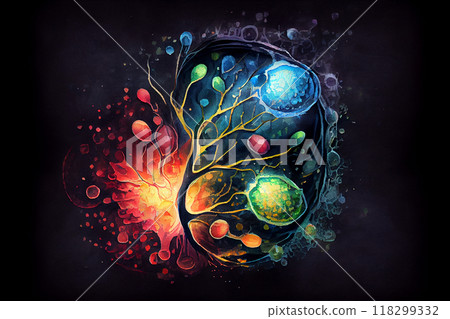 Human cells under microscope, illustration 118299332