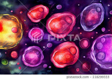Human cells under microscope, illustration 118299333
