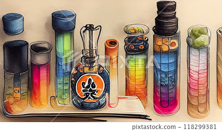 Chemical laboratory, chemical tubes and flasks of different shape and color, illustration Chemical laboratory, chemical tubes and flasks of different shape and color, illustration 118299381