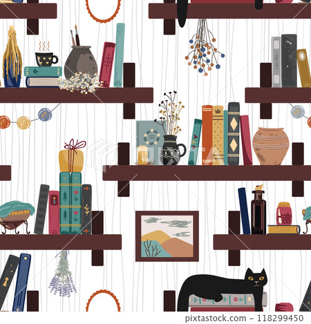Seamless pattern with vintage books, cat, hot drink mug, and different retro things. Old and mysterious interior. Standing books wall background. Home library. Vector illustration. 118299450
