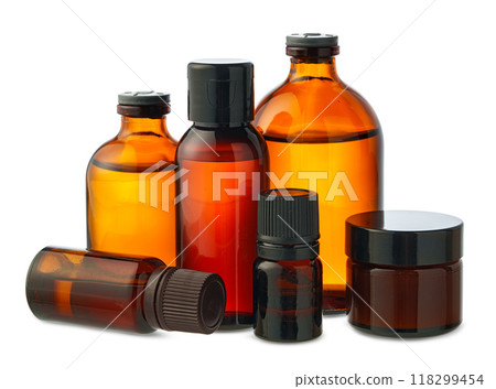Amber Glass Bottles of Essential Oils and Cream Isolated on White Background Amber Glass Bottles of Essential Oils and Cream Isolated on White Background 118299454