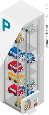 Image of the interior of an isometric mechanical tower parking garage Image of the interior of an isometric mechanical tower parking garage 118299529