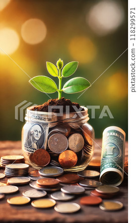 small glass jar filled with coins 118299571